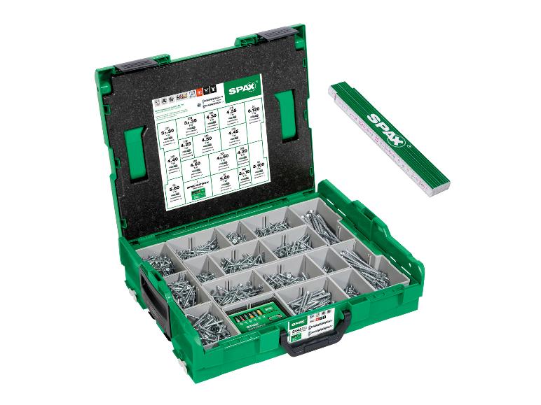 Houtschroevenset in groene koffer met vouwmeter.