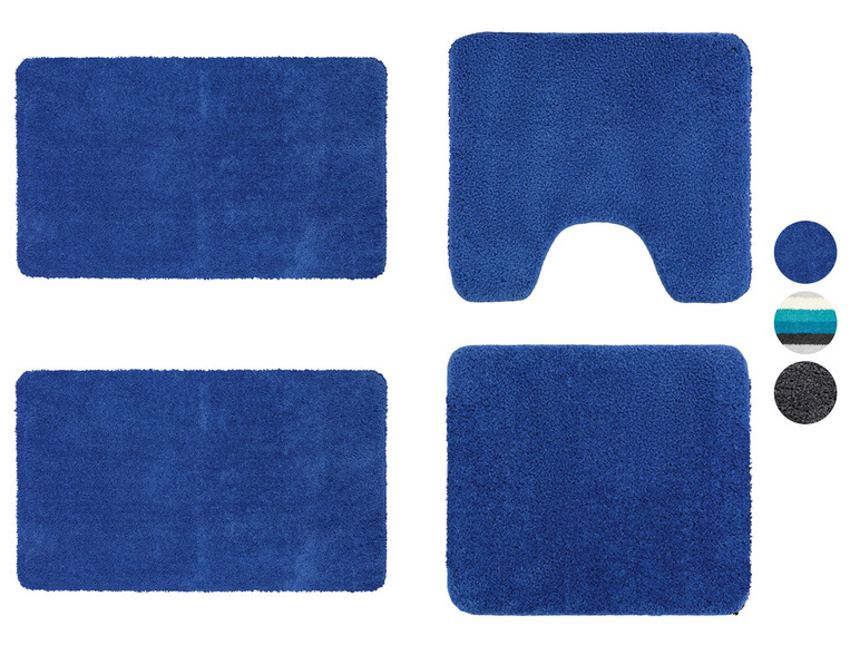 Blauwe badmattenset met een toiletbrilmat, een badmat en een vloermat.