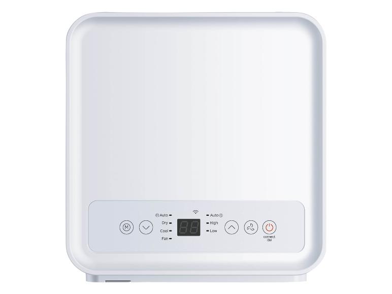 Witte luchtontvochtiger met digitaal display en bedieningsknoppen voor modi en snelheden.