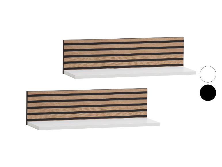 Twee wandplanken met een witte plank en een houten lattenrugpaneel met zwarte openingen.