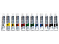Een set waterverf tubes van Relando, inclusief wit, geel, okergeel, vermiljoen, rood, groen, donkergroen, blauw, ultramarín, gebrande sienna, gebrande omber en zwart.