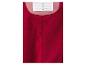 Rood fleecejack met roze kraag en wit etiket met drie regels voor naam en telefoonnummer.