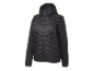 Zwarte gewatteerde jas met capuchon voor dames.