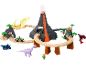 Dinosaurus-speelset met vulkaan, spoorlijn, voertuigen en figuren.