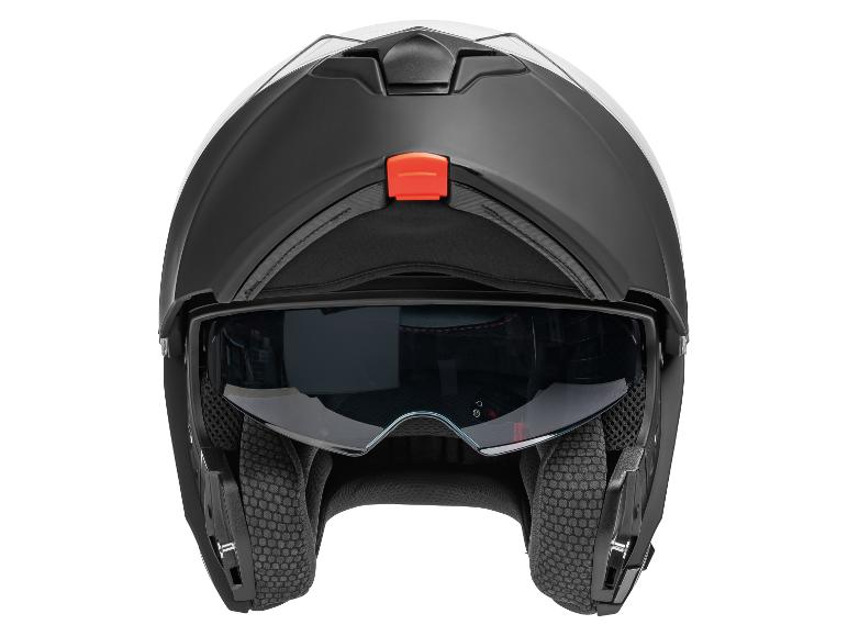 Zwarte modulaire motorhelm met donker vizier, vooraanzicht