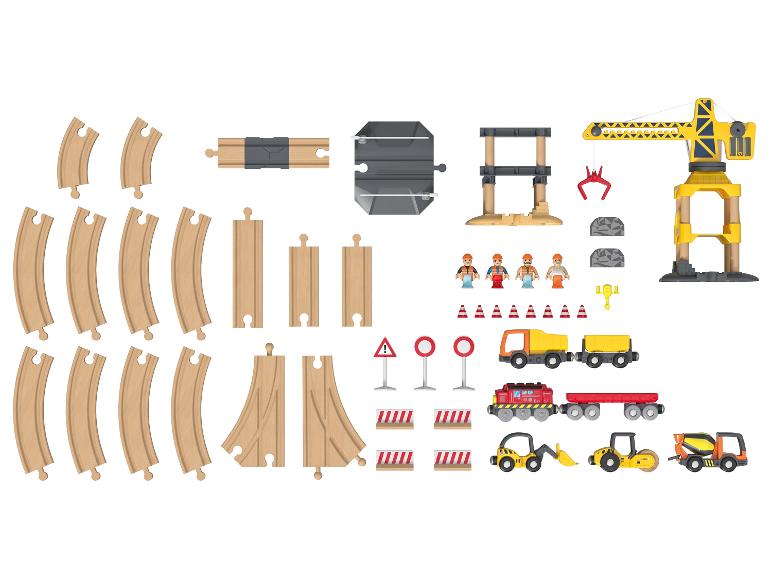Houten treinset en bouwvoertuigen.