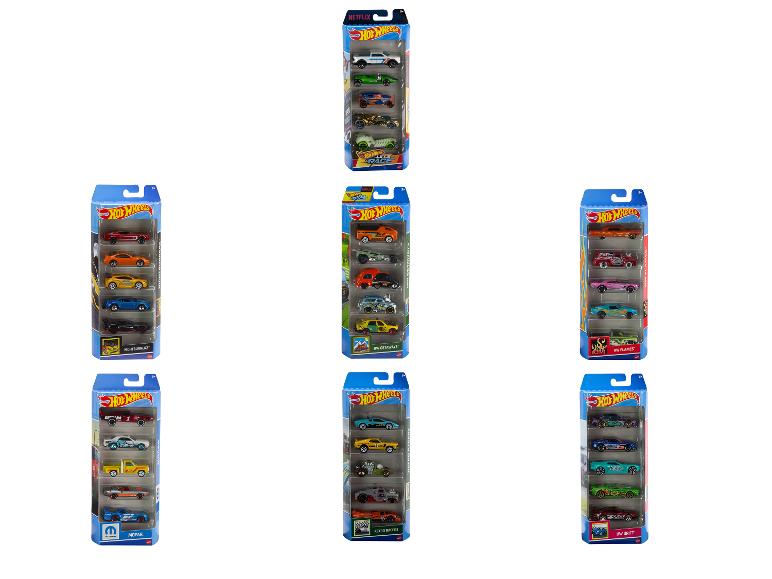 Zes Hot Wheels auto's in verpakkingen met verschillende thema's, zoals Nightburnerz, HW Getaways, HW Flames en Retro Racers.
