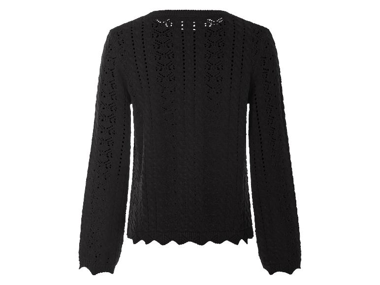 Zwarte gebreide trui met opengewerkte details.
