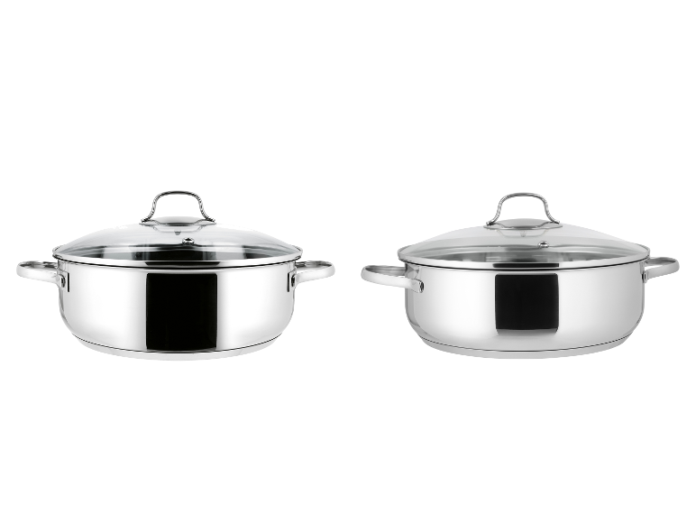 Twee SILVERCREST® roestvrijstalen pannen met glazen deksels, gecoat en ongecoat, Ø 28 cm.