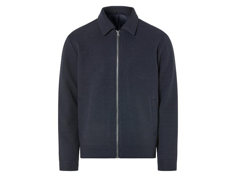 Een donkerblauwe wollen jas met ritssluiting.