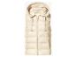 Lang beige gewatteerd gilet met capuchon en rits.