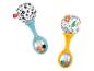 Fisher-Price rammelaars met blauwe en gele handvatten, met gekleurde ballen en dierenprints.