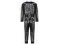 Een zwart onesie kostuum met een skelet print voor Halloween.