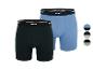 Twee paar herenboxershorts in zwart en blauw, met elastische taillebanden.