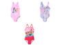 Drie meisjeszwempakken: roze met tekenfilmhonden, blauw met prinses en rood met puppy's.