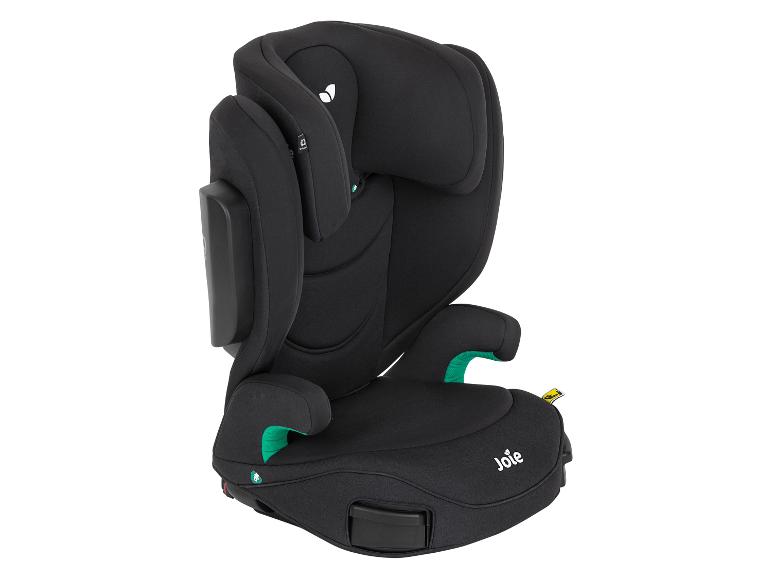 Zwart kinderautostoeltje met groene accenten, zijaanzicht.