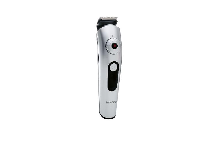 SilverCrest haar-trimmer: lengte-instelling en aan/uit-knop.