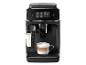 Een zwarte Philips espressomachine met een kopje cappuccino