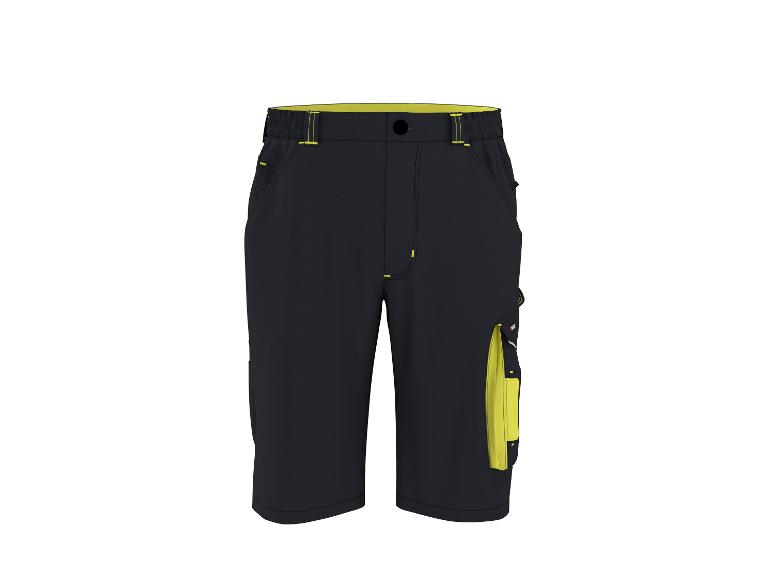 Zwarte werkbroek met gele details en zijzak.