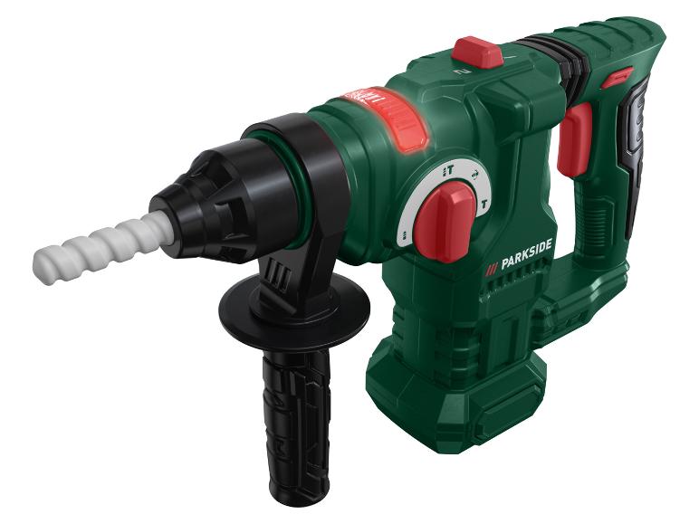 Groene en zwarte boorhamer met rode accenten en een extra handgreep.