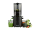 Zwarte slowjuicer met groen sap en groenten.