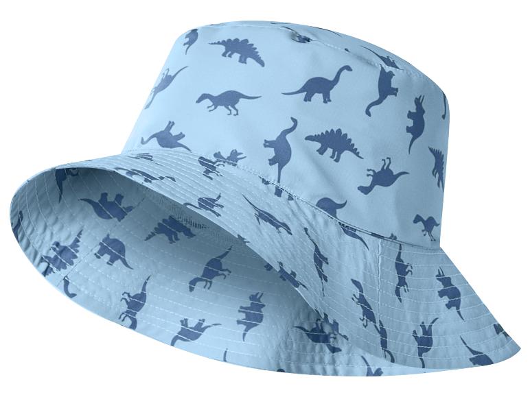 Blauwe kinderhoed met dinosaurusprint.