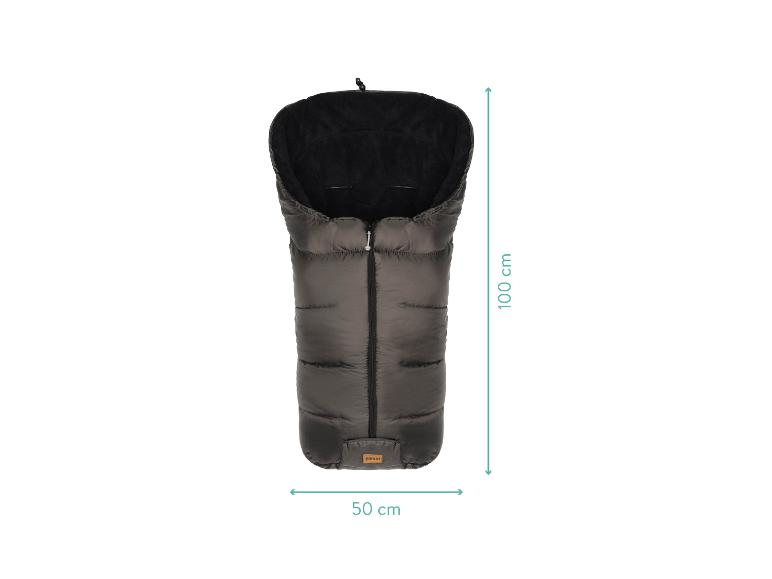 Donkergrijze voetenzak met zwarte voering, 100 cm lang en 50 cm breed.