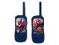 Twee blauwe walkietalkies met Spiderman-afbeeldingen en een stadsgezicht op de achtergrond.