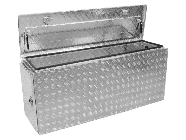 Metalenen gereedschapskist met diamantpatroon.