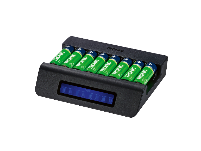 TRONIC batterijlader met acht oplaadbare batterijen.