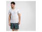 Man in een wit T-shirt en zwemshorts met palmbomenprint.