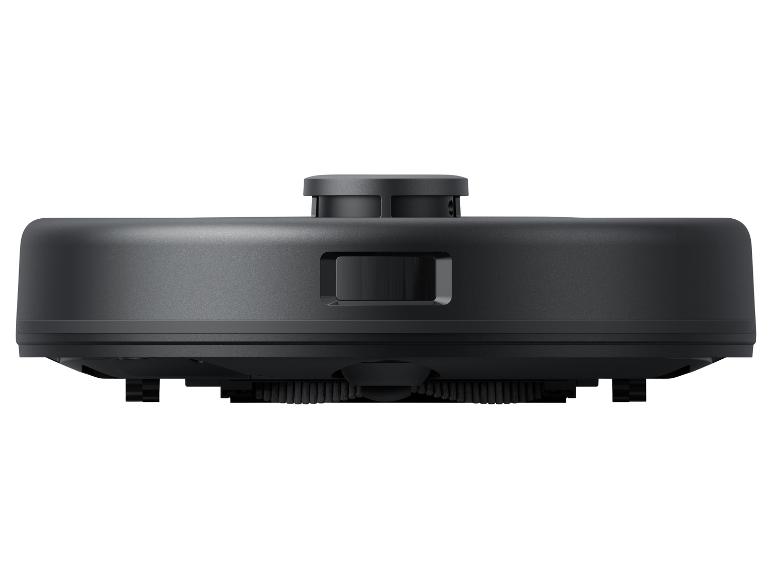 Zwarte robotstofzuiger met bovennavigatiesensor