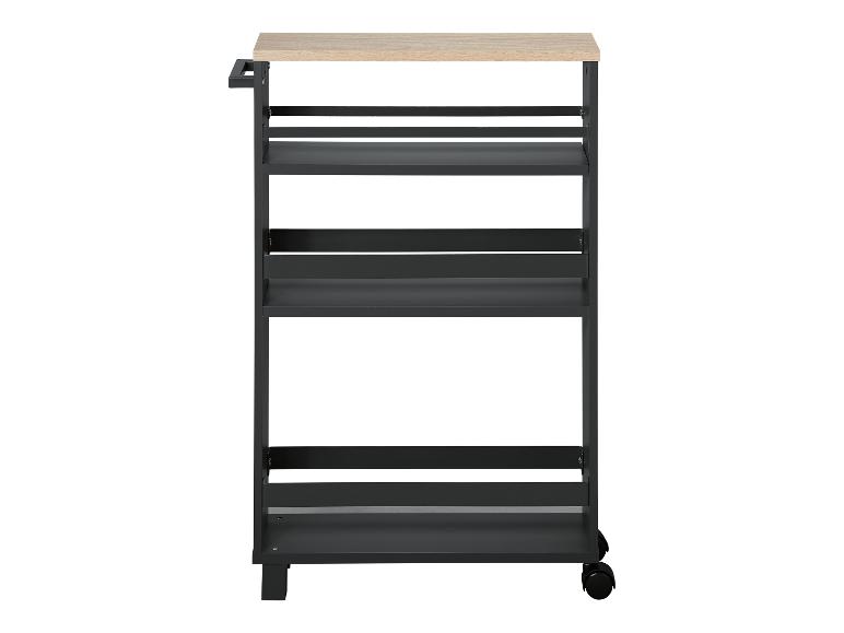 Een drielaags metalen kar met houten aanrechtblad.