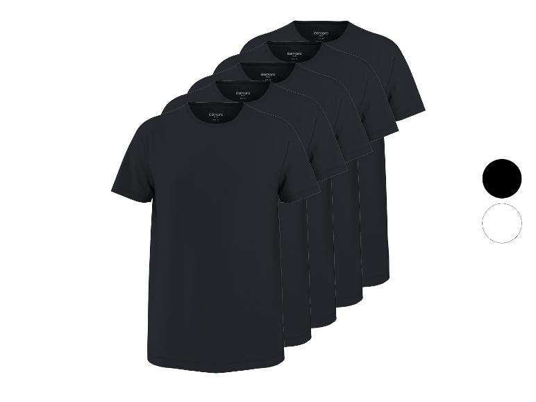Vijf zwarte heren T-shirts met ronde hals, met kleuropties van zwarte en witte cirkels.