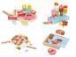 Houten speelsets met voedselthema: taart, ijs, pizza en snoep.