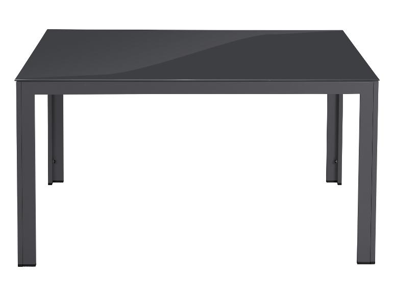 Grijze rechthoekige eettafel met glazen blad