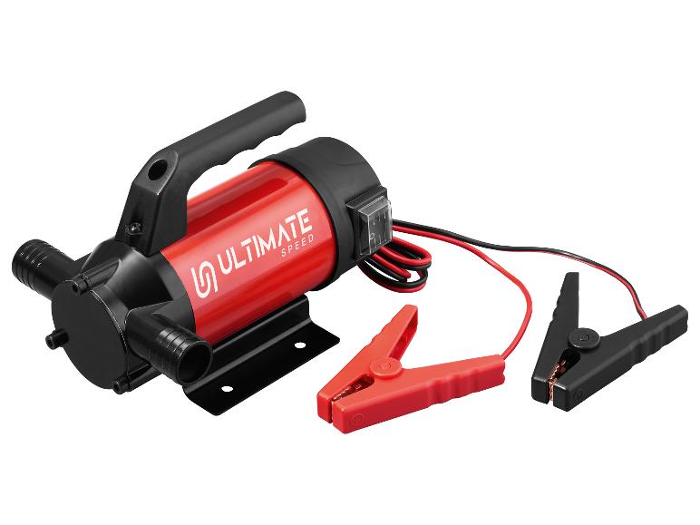 Rode Ultimate Speed pomp met zwarte accuklemmen en kabels.