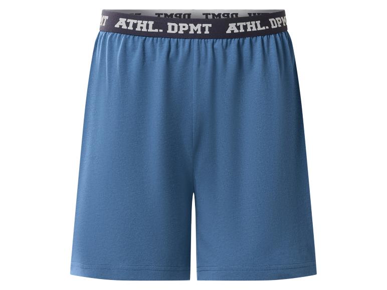 Blauwe pyjamashorts met elastische tailleband met de tekst 'ATHL. DPMT'.