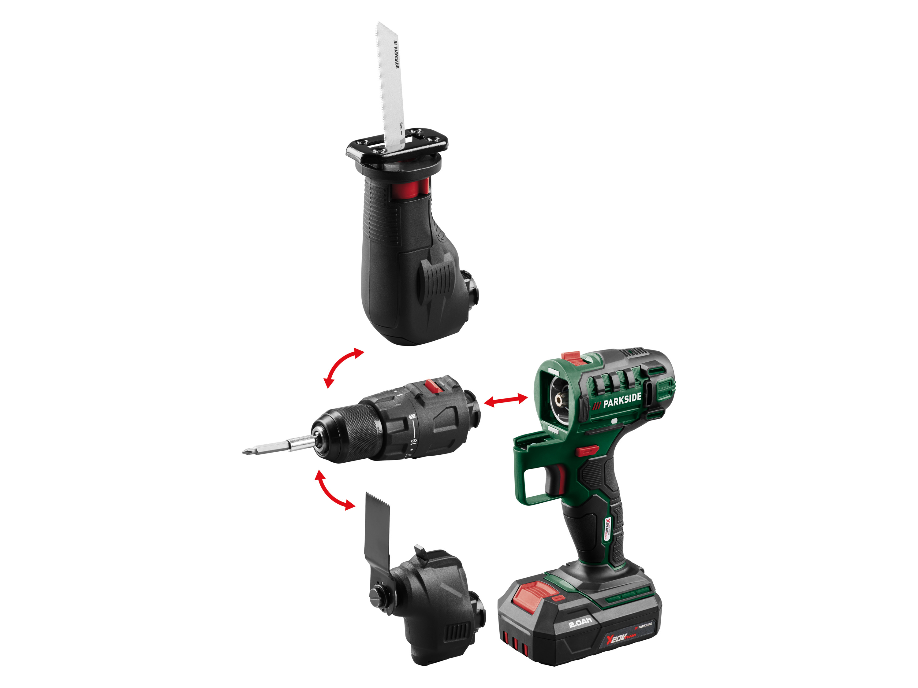 PARKSIDE 3-in-1 accu-combitool 20 V, met accu 2 Ah en lader 1 A, schroefboormachine, multitool, reciprozaag