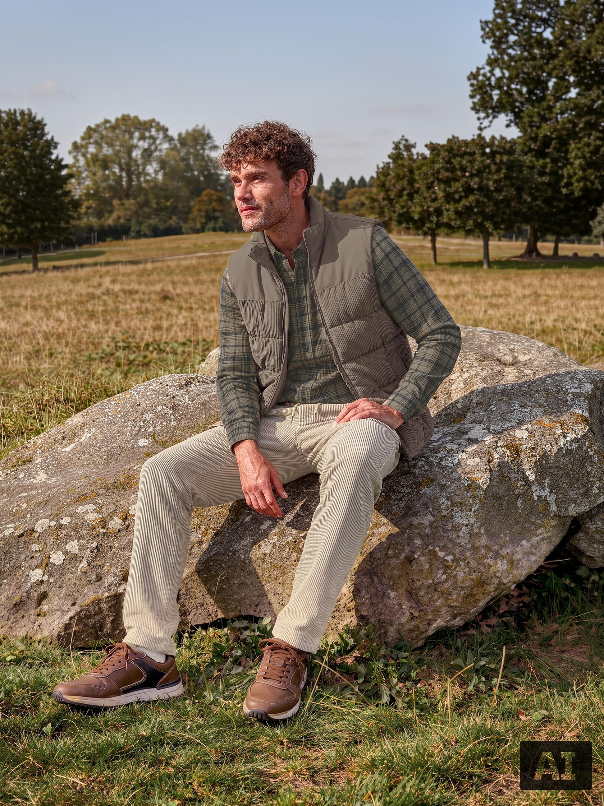 Man in geruit overhemd, corduroy bodywarmer en corduroy broek zittend op een rots buiten.