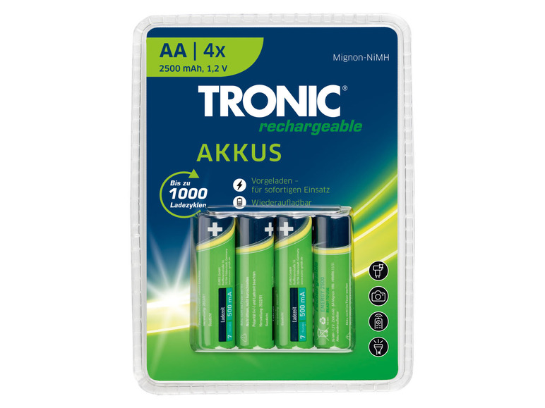 4x AA-batterijen, 2500 mAh, van het merk TRONIC, herlaadbaar
