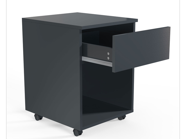 Een donkergrijze kast met een lade op wielen.