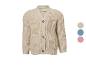 Beige gebreid vest met knopen en zakken, met kleuropties aan de zijkant.