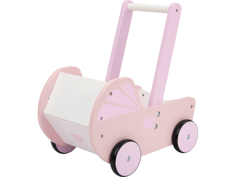 Roze houten poppenwagen met witte handgreep en hartdecoratie.
