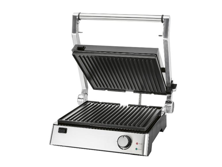 Open elektrische grill met geribbelde grillplaten en bediening aan de voorkant