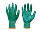 Twee groene tuinhandschoenen met oranje manchetten, één met de handpalm naar voren en één met de rug naar voren.
