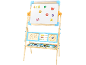 Kindertekenbord met schoolbord, telraam, klok en magneetletters.