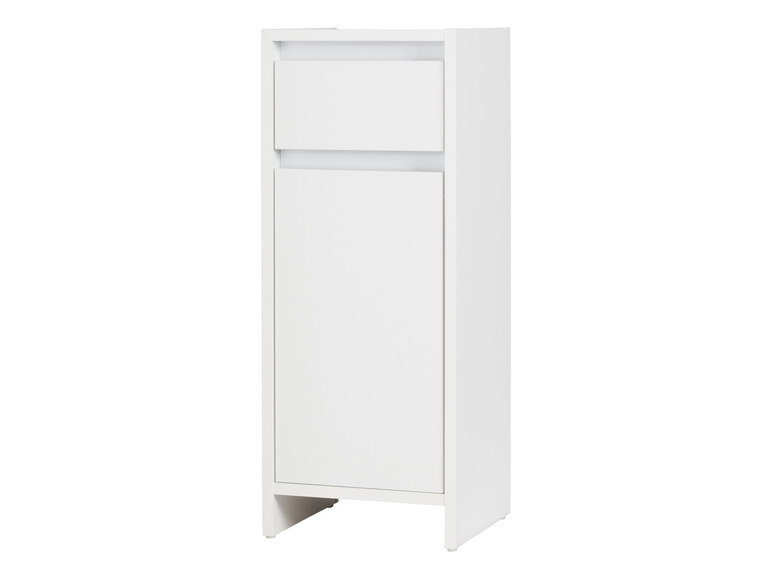 Een wit badkamerkastje met een deur en een lade.
