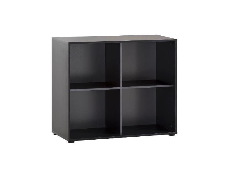 Zwart rek met vier vakken, geschikt voor het opbergen van boeken of decoraties.