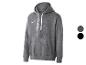 Grijze hoodie met witte trekkoorden en een klein wit logo op de borst.